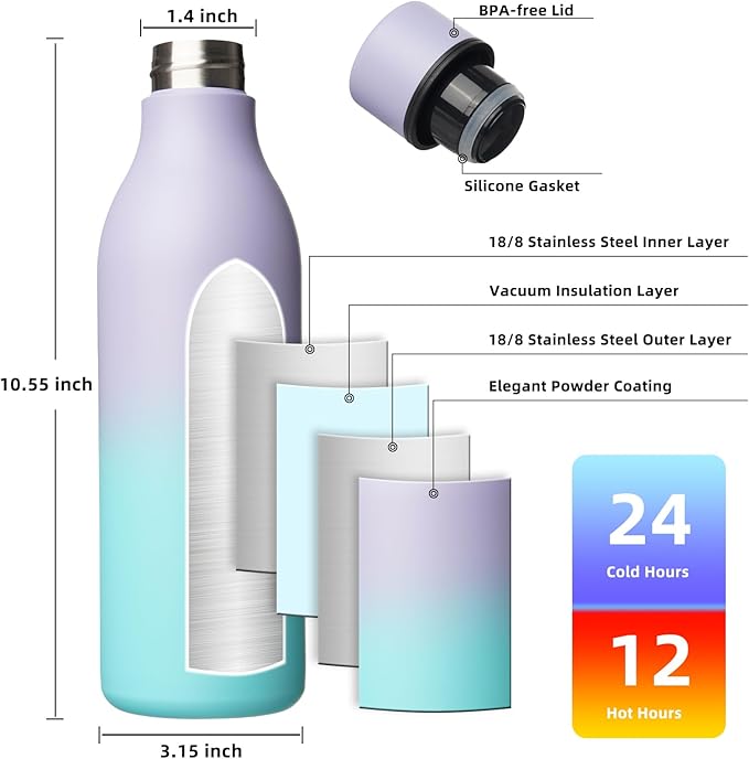 BJPKPK Insulated Water Bottles, 25 oz Stainless Steel Metal Water Bottle with Strap, BPA Free Leak Proof Thermos, Mugs, Flasks, Reusable Thermos for Sports & Travel, Lavender Mint