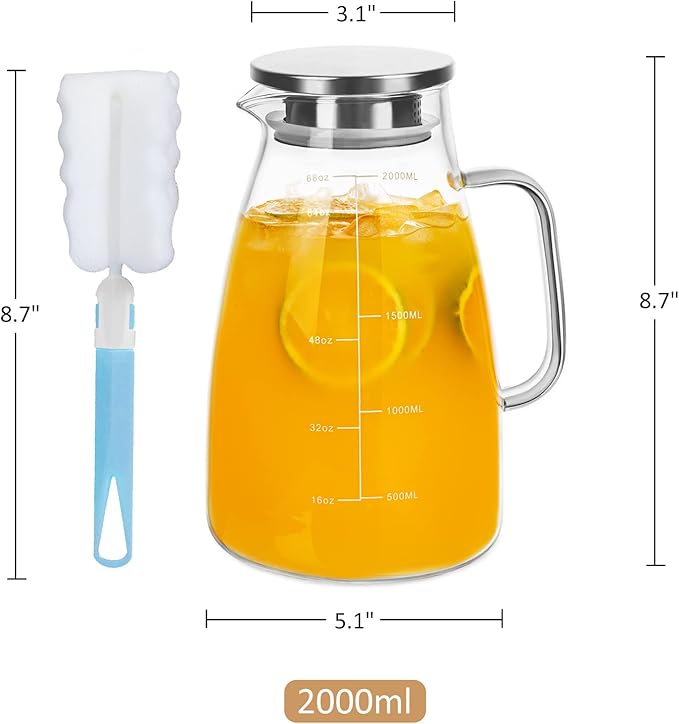 Joeyan 2 Liter 68oz Glass Pitcher with Lid, Large Heat Resistant Glass Water Carafe with Handle and Scale Line for Hot/Cold Drinks- Water, Cold Brew, Iced Tea & Juice, Including Long-Handled Brush