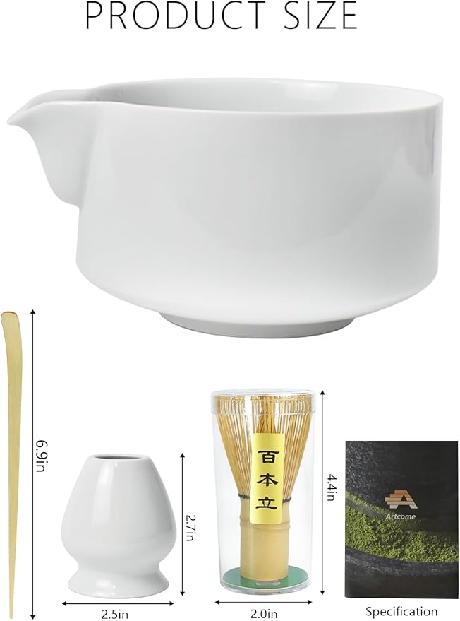 Artcome Premium Matcha Tool Set – Includes Matcha Bowl with Pouring Spout, Whisk, Whisk Holder, Tea Scoop & Matcha Manual - White