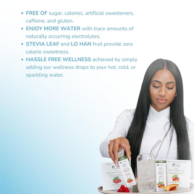 Pure Inventions - Green Tea Raspberry & Peach Water Infusion Drops -Antioxidants & Electrolytes -Health & Wellness -Immune Support -Sugar Free, Zero Calorie, No Artificial Sweeteners -30 Servings Each