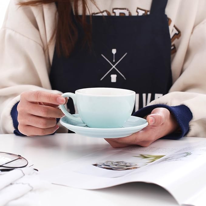 Latte Art Cup and Saucer for Latte & Cappuccino, Great Cup Shape for Coffee Shop and Barista, Ceramic (Glossy Light Blue, 10.5 oz)