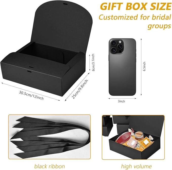 12Pack Black Gift Boxes with Lids, 12×9.8×3.1 Inch Groomsmen Proposal Box, Luxury Black Gift Box with Ribbon for Bridesmaid Box, Graduation, Christmas, Wedding, Birthday, Party
