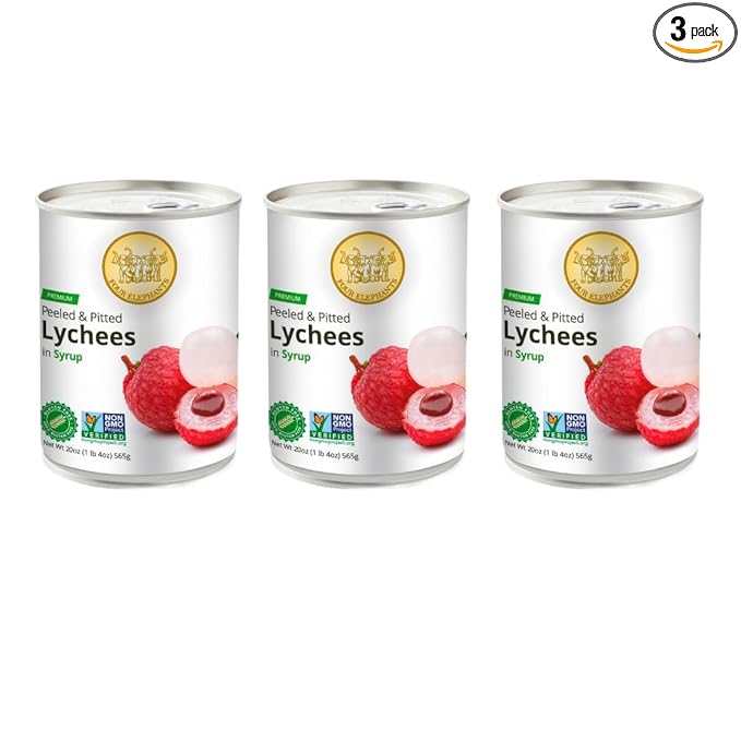 Premium Lychees in Syrup (3) - 20 oz | Natural Ingredient | Use For Mocktails, Cocktails, Drinks, Smoothies | Real Fruit Harvested At Peak Season | Four Elephants Brand | Non-GMO and Gluten-Free
