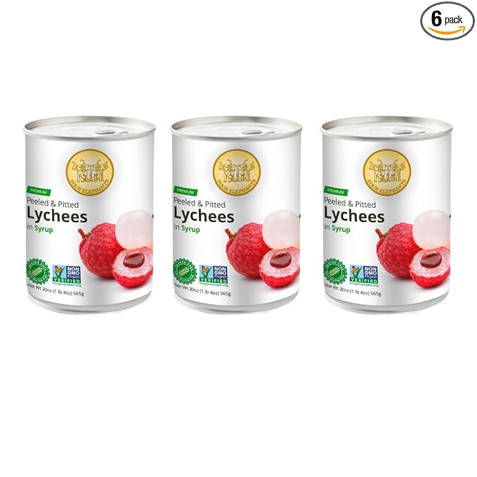 Premium Lychees in Syrup (6) - 20 oz | Natural Ingredient | Use For Mocktails, Cocktails, Drinks, Smoothies | Real Fruit Harvested At Peak Season | Four Elephants Brand | Non-GMO and Gluten-Free
