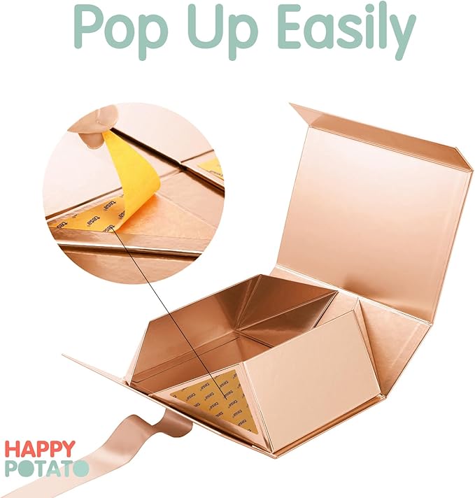 HAPPY POTATO Large Gift Box with Lid and Ribbon 13.5x9x4.1 Inches, Bridesmaid Proposal Boxes, Rose Gold Gift Boxes for presents (Glossy Rose Gold)