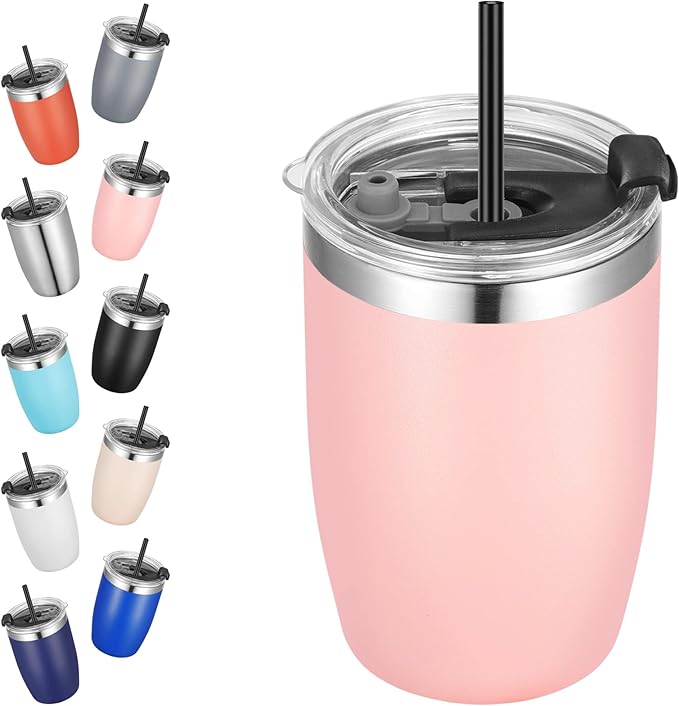 VEGOND Stainless Steel 12 oz Tumblers bulk Vacuum Insulated Double Wall Travel Tumbler with Lid and Straw Reusable Tumbler, Pink 1 Pack