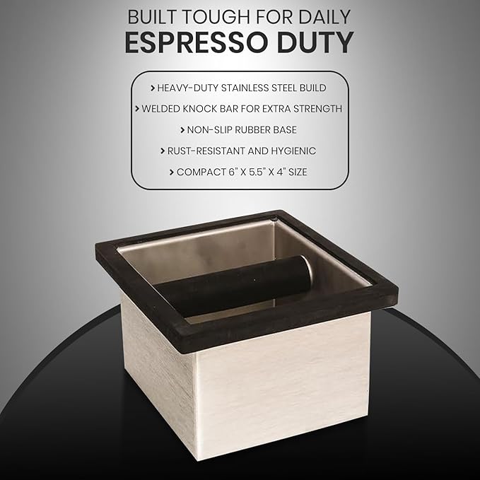 Rattleware Stainless Steel Knock Box 6"x5.5"x4" | Heavy-Duty Espresso Grounds Container with Welded Bar | Durable Rust-Resistant Coffee Knockout Box with Non-Slip Rubber Base for Professional Baristas