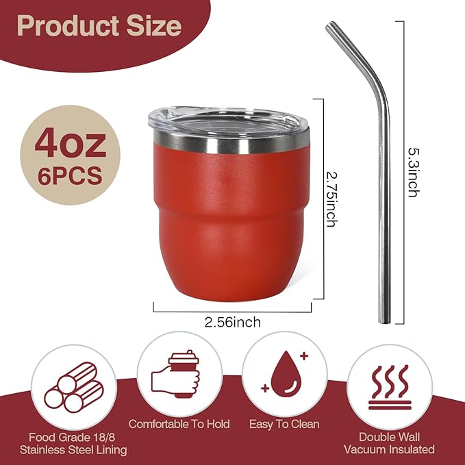 4oz Stackable Cup, Vacuum Insulated Espresso Cup Set of 6, Espresso Shot Cup for Coffee, Double Wall Stainless Steel Mini Tumbler Shot Glasses with Straw and Lid (A-mixed6P, 4oz)