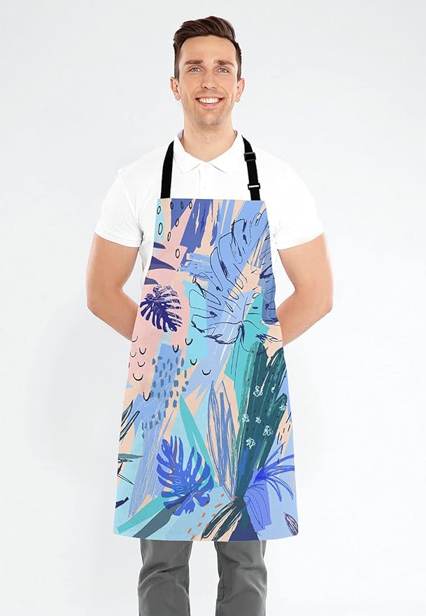 Watercolor Tropical Flower Bib Apron with Adjustable Neck for Men Women,Suitable for Home Kitchen Cooking Waitress Chef Grill Bistro Baking BBQ Apron