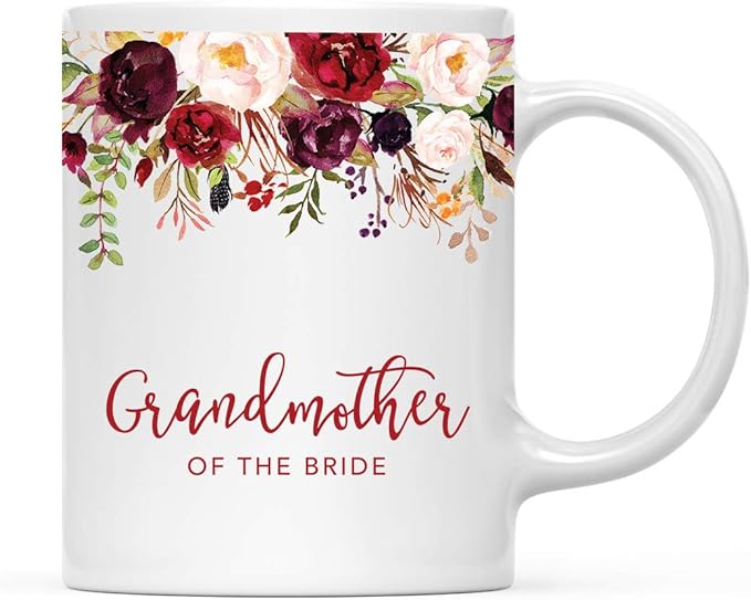 Andaz Press 11oz. Wedding Ceramic Coffee Tea Mug Gift, Fall Autumn Marsala Burgundy Flowers Roses Florals, Grandmother of the Bride, 1-Pack, Includes Gift Box