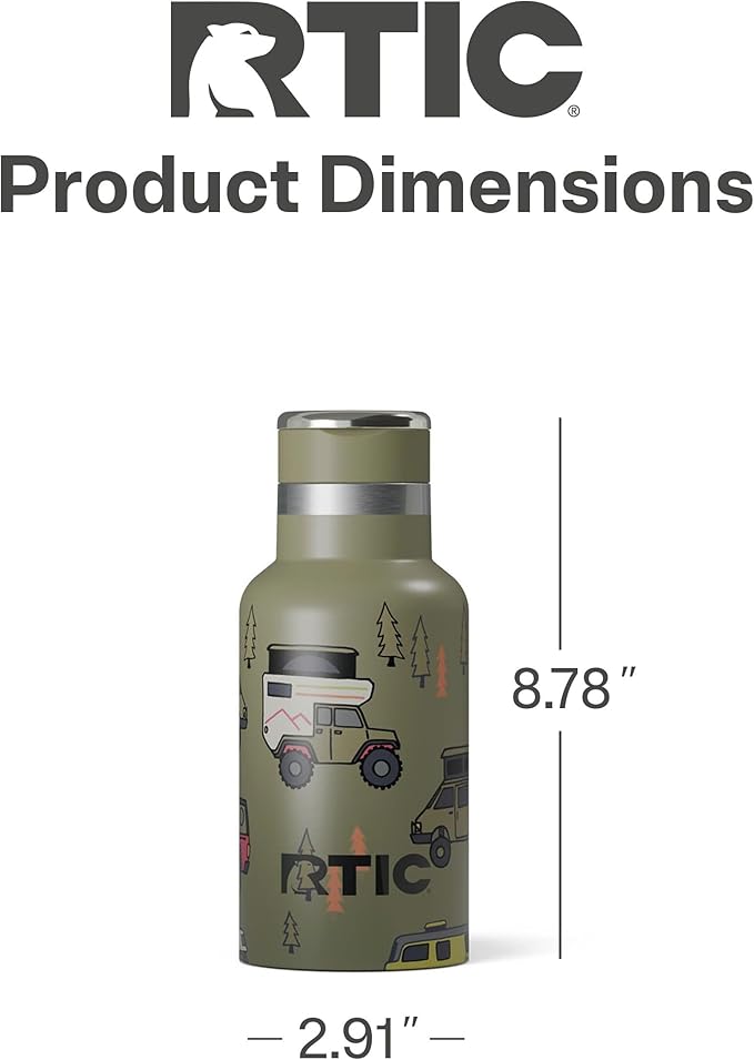 RTIC Little Journey Bottle with Straw, Insulated, Stainless Steel, Metal, Double Wall Vacuum-Insulation, Ceramic-Lined, Leak-Proof Lid, BPA-Free Water Flask for Sports, Travel, Happy Camper