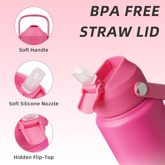 BJPKPK Water Bottle with Straw Lid, 24oz Vacuum Insulated Water Bottles, Metal Stainless Steel Thermos for Sports, Travel, BPA Free Leak Proof Thermos, Cups, Flasks, Tumblers,Cherry