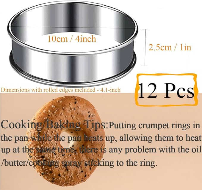 12packs Crumpet Rings 4 Inch English Muffin Rings Stainless Steel Double Rolled Nonstick Metal Round Tart Ring Molds for Cookie Cooking Baking
