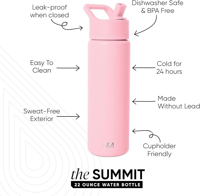 Simple Modern Water Bottle with Straw Lid Vacuum Insulated Stainless Steel Metal Cup Bottles | Reusable Leak Proof BPA-Free Flask for Gym, Travel, Sports | Summit Collection | 22oz, Blush