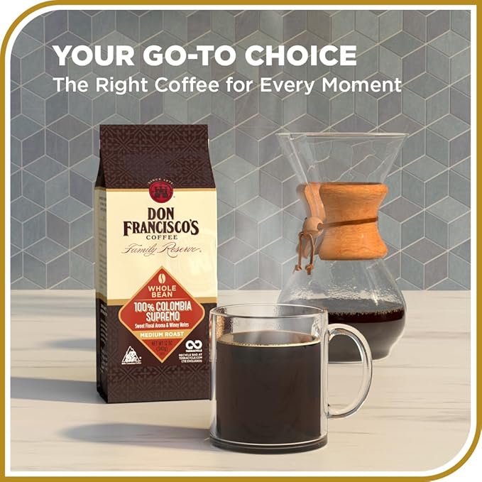 Don Francisco's Colombia Supremo Whole Bean Coffee, Medium Roast – 100% Arabica, 12 oz Bag, Premium Coffee for Drip, Pour Over and French Press