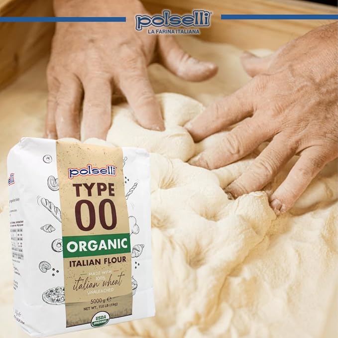 POLSELLI Organic Flour, Type 00, 100% Italian Grain, Double Zero Flour, OO Extra Fine, 5 kg, 11 lbs, BIO, Neapolitan Italian Pizza, Bread, Pasta, All Natural, Unbleached, All-Purpose, Unbromated, No Additives
