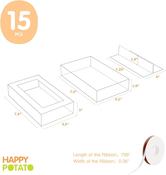 HAPPY POTATO 15 Pack Macaron Boxes with Clear Window and Ribbon, White, 7.2x4x1.9 Inches, Gift-Wrap Boxes for Weddings and Gifting