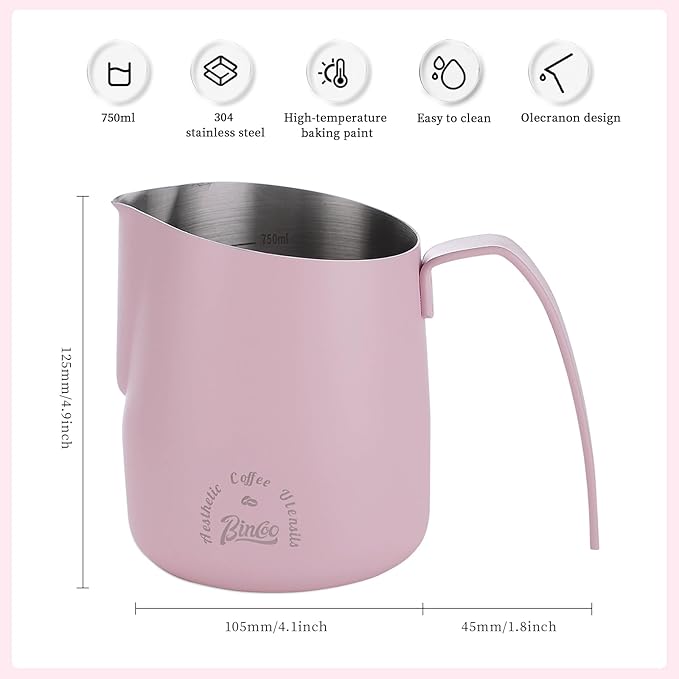 Pink Milk Pitcher 750ML - Espresso Steaming Pitcher with Large Handle and Scale,Stainless Steel Milk Frothing Cup for Cappuccino, Latte Art,Coffee Machine Accessories