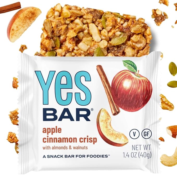 The YES Bar Apple Cinnamon Crisp – Plant Based Protein, Decadent Snack Bar – Vegan, Paleo, Gluten Free, Dairy Free, Low Sugar, Healthy Snack, Breakfast, Low Carb, Keto Friendly (1.4 oz Bar)
