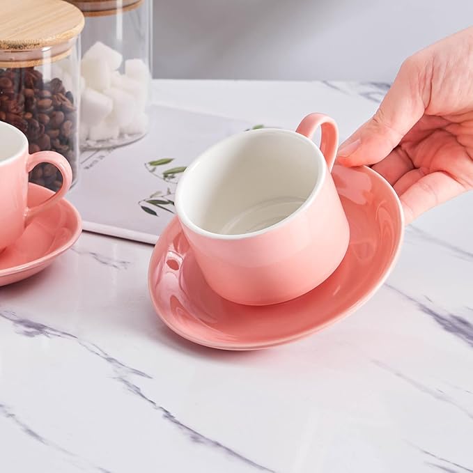 YOLIFE 8oz Porcelain Stackable Cappuccino Cups with Saucers and Metal Stand Set of 4, Coffee cups for Espresso, Specialty Coffee Drinks, Latte, Americano and Tea - Pink