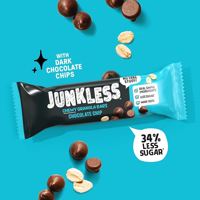 JUNKLESS Chewy Granola Bars Twin Pack – Chocolate Chip & Strawberry (12 Bars)–Less Sugar, Non-GMO, Gluten-Free, Wholesome Snack Bars for Kids & Adults, 2 Boxes