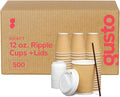 GUSTO [12 oz. - 500 Count Insulated Kraft Ripple Paper Hot Cups, Disposable Coffee Cups With Lids - Ideal for Hot Beverages, Travel, and Office Use (Formerly Comfy Package)