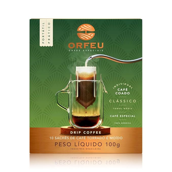 ORFEU - Special Coffee Classic Drip Sachet - 100% Arabica Coffee, Medium Roasted, Aroma of Floral, Fruity & Caramel, Balanced Acidity, Made In Brazil, Soft with Velvety Structure - 10 units, 100g