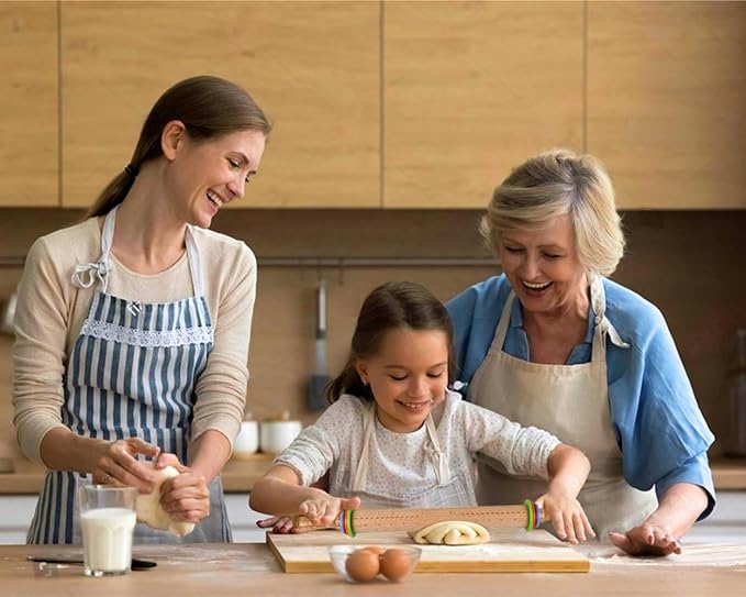 Rolling Pin with 4 Adjustable Thickness Rings and Long Handle 13.6 Inch Wooden Dough Roller for Baking, Dough, Cookie, Cake, Fondant, Pizza and Pie Crust