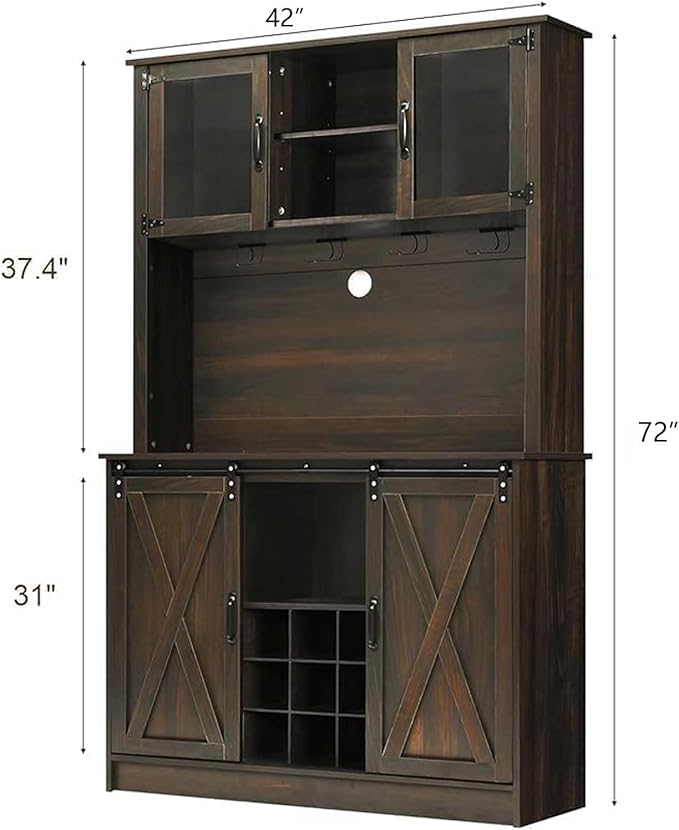 4ever2buy 72" Farmhouse Coffee Bar Cabinet with 2 Glass Doors & 9 Wine Racks, Tall Hutch Cabinet with Storage, Wine Bar with 4 Row Metal Glass Holder, Dark Oak