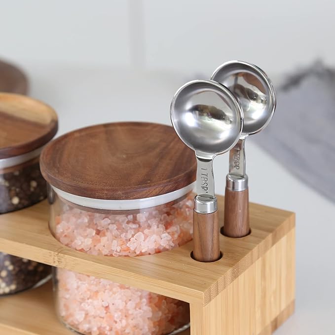 KKC HOME ACCENTS Airtight Borosilicate Glass Food Storage Jars with Wood Lids and Scoop for Coffee,Tea,Sugar,Salt,Wooden Top Glass Sealed Jars,18 Fluid Ounces