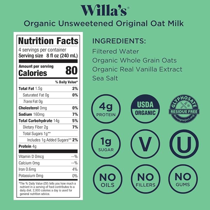Willa's Organic Oat Milk - Unsweetened Original Oatmilk, Non-GMO, Shelf Stable, Low Sugar, Non-Dairy Vegan Milk, Made from Whole Oats, No Oil, No Gums, 32oz, Pack of 6