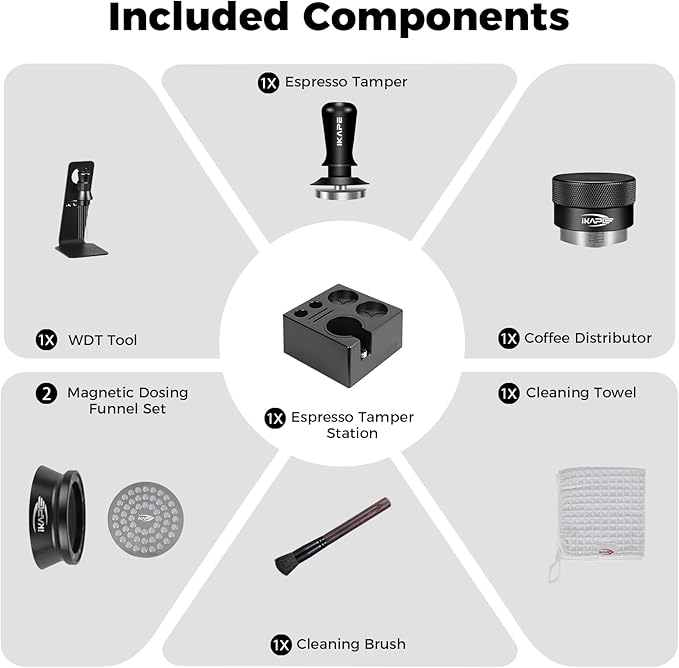 IKAPE 51MM Black Espresso Tool Set 8 IN 1, Coffee Tamper, Distributor, Magnetic Funnel, Puck Screen, Tamper Station, Stirrer Distribution Tool, Cleaning Towel and Brush