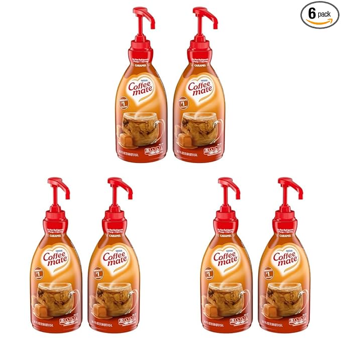 Nestle Coffee mate Coffee Creamer, Caramel, Liquid Concentrate Pump Bottle, Non Dairy, No Refrigeration, 50.7 fl oz (Pack of 6)