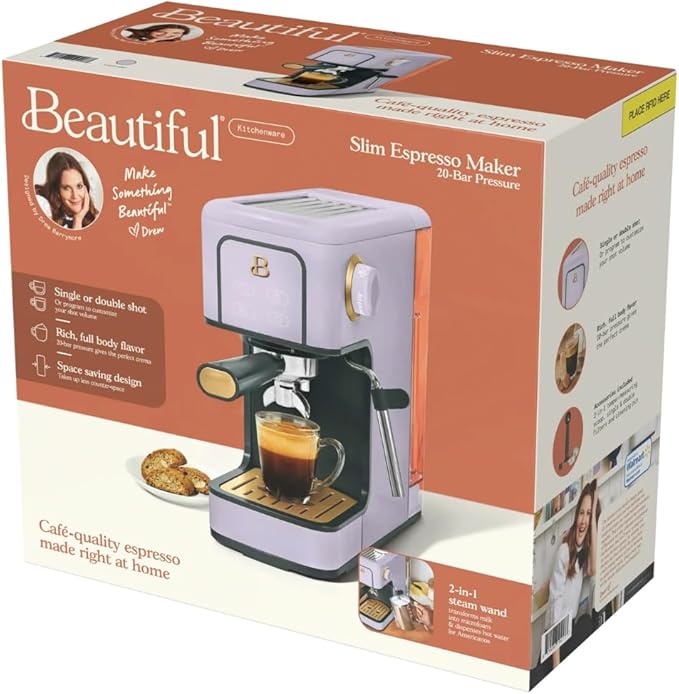 Beautiful Slim Espresso Maker by Drew Barrymore – 20‑Bar Pressure, Dual‑Spout 52 mm Portafilter, 50 oz Removable Tank, 2‑in‑1 Steam Wand & Touch Controls (Lavender)