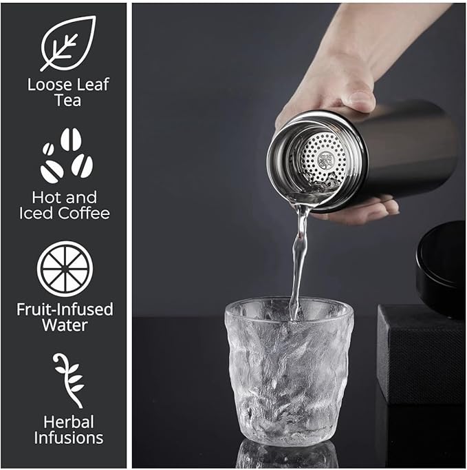 Insulated Water Bottles- Vacuum Tumbler for Coffee, Tea and Drinks with Stainless Steel Infuser - 15 oz Tea Thermo Travel Bottle/Keeps Drinks Hot or Cold for Hours/Gift Packing(Black)