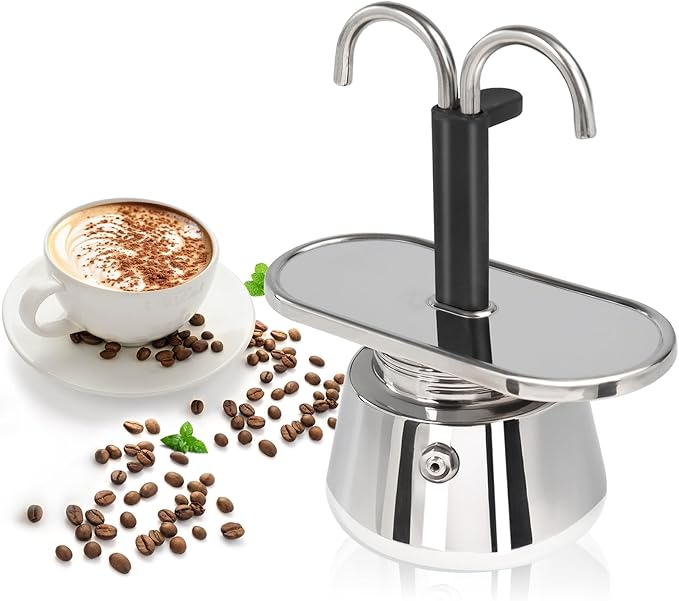 Uncoated 2 Cup Dual Pipe Moka Pot 304 Thickened Stainless Steel Mini Coffee Maker Stovetop Espresso Coffeemaker Italian Classic Style Brewing Greca Cafe Mocha Machine for Camping Travel Home 150ml