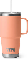 YETI Rambler 25 oz Tumbler with Handle and Straw Lid, Travel Mug Water Tumbler, Vacuum Insulated Cup with Handle, Stainless Steel, Lowcountry Peach
