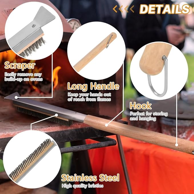 Pizza Oven Brush, 21" Brush and Stainless Steel Scraper for Pizza Stone, BBQ Grill Cleaning Brush Non Scratch Heat Proof Stainless Steel Bristles with Screwdriver for Pizza Oven and Accessories