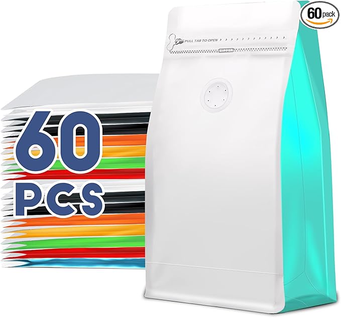 Coffee Bags with Valve(60pcs,8 oz,1/2 lb) Vented Coffee Beans Packaging Bags High Barrier Aluminumed Foil Flat Bottom Heat Sealed Side Zipper Resealable Storage Bag for Home or Business（White+Blue）