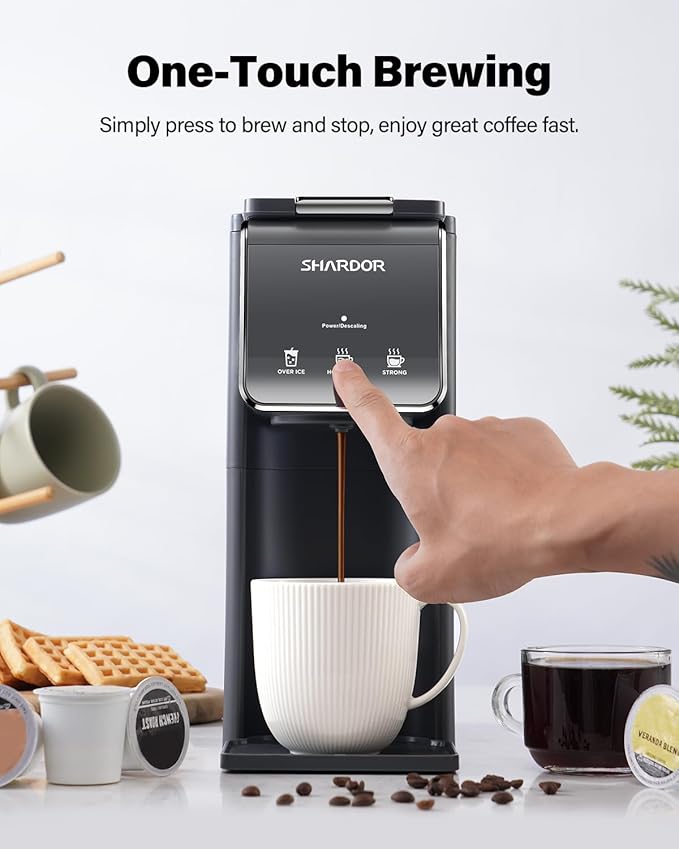 SHARDOR Hot & Iced Coffee Maker, K Cup Coffee Maker Compatible with Ground Coffee, Single Serve Coffee Machine with Bold Setting, Reusable Filter, Travel Mug Friendly, Compact Design, Grey