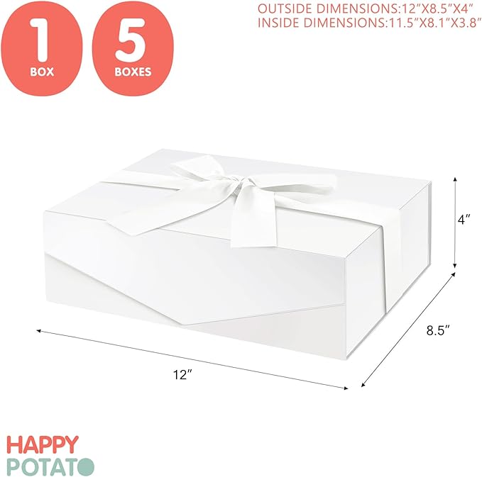 HAPPY POTATO 5 White Gift Boxes with Lids and Ribbon 11.5x8.1x3.8 Inches, Bridesmaid Proposal Boxes, Large Magnetic Gift Boxes for Presents (Glossy White, Pack of 5)