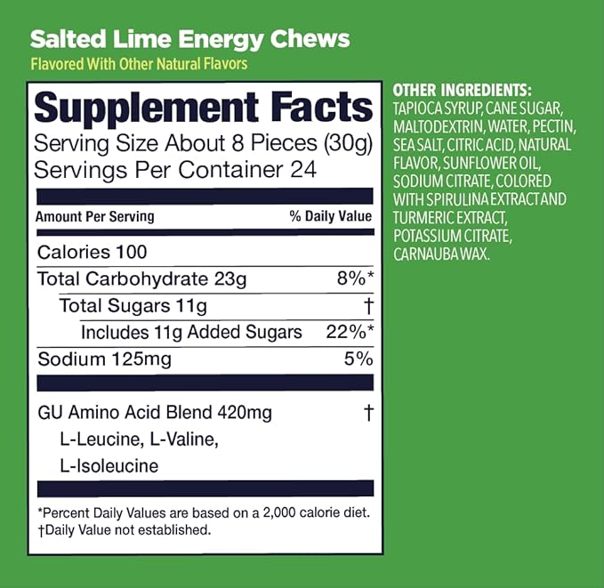 GU Energy Chews, Salted Lime Energy Gummies with Electrolytes, Vegan, Gluten-Free, Kosher, Caffeine-Free, and Dairy-Free On-The-Go Energy for Any Workout, 12 Bags (24 Servings Total)