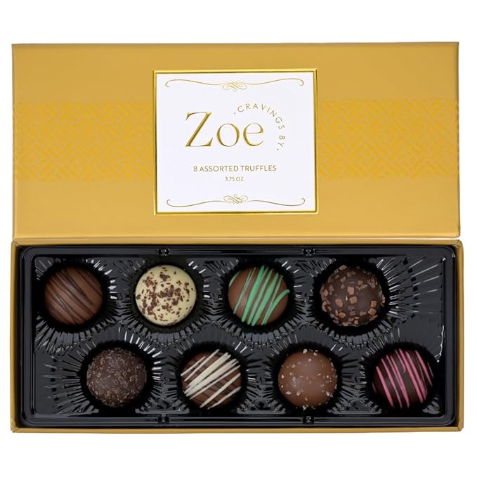 CRAVINGS BY ZOE Gourmet Chocolate Truffle Gift Box | 8 Count | Assorted Gourmet Milk & Dark Chocolate Candy Food Gift Basket Anniversary, Birthday, Get Well, Holiday, Thank You Men Women Mom Her