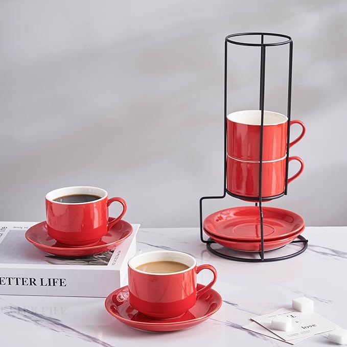 YOLIFE 8oz Porcelain Stackable Cappuccino Cups with Saucers and Metal Stand Set of 4, Coffee cups for Espresso, Specialty Coffee Drinks, Latte, Americano and Tea - Red