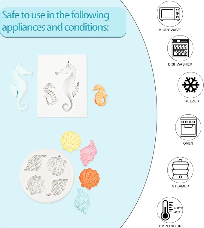 Ocean Chocolate Fondant Mold Set Food-Grade Silicone Baking Molds with Shell, Starfish, Seashell Beach Life Phrases, Reusable for Under the Sea Cakes, Cupcakes & Party Treats - 8 Pack