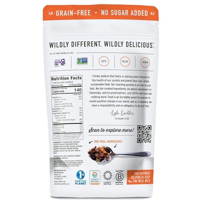 Wildway Keto Granola with Organic Ingredients | Peach Pecan | Grain-Free, Gluten-Free Cereal | Vegan, Low Carb & No Sugar Added | Paleo-Friendly, Non-GMO | Nutrient-Rich Fruit & Nut Snack | 8oz