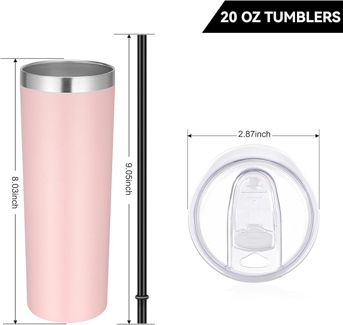 VEGOND Stainless Steel Skinny Tumbler, 20 oz Vacuum Insulated Tumbler with Lid and Straw, Double Wall Coffee Cup, Travel Mug for Cold Hot Drinks, Light Pink 1 Pack