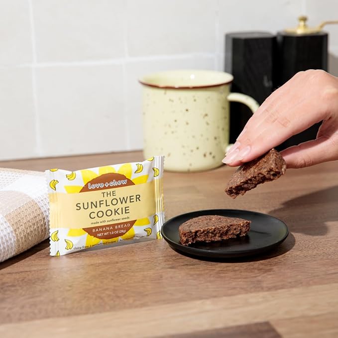 Love + Chew Soft Baked Protein Cookies, Gluten Free | (18) Count Sunflower Banana Bread Minis | Vegan, Paleo, Non GMO and Packed with Superfoods. - Individually Wrapped, and Made from Sunflower Seeds - (1) Ounce Cookies