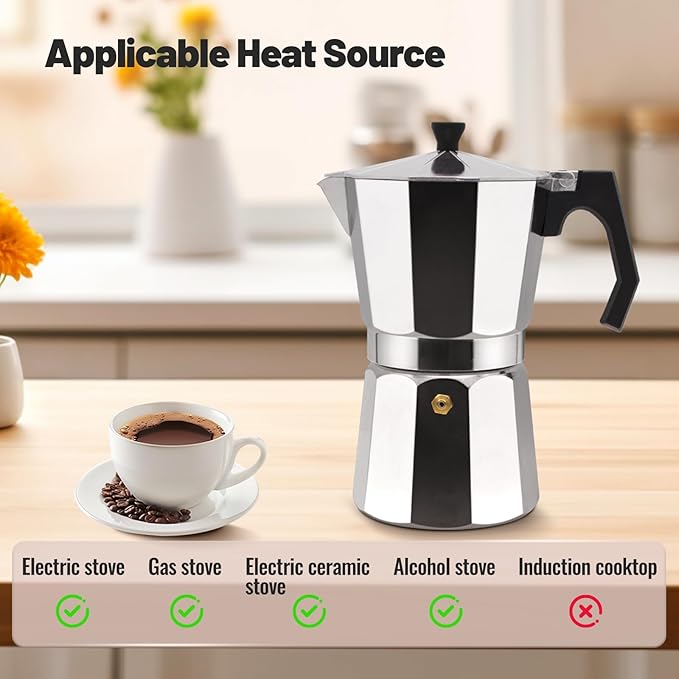 9 Cup Aluminum Moka Pot Classic Stovetop Espresso Coffee Maker 450ml 15oz Coffeemaker Percolator Mocha Pot Greca Coffee Maker Cafe Makers for Italian and Cuban Café Brewing Silver