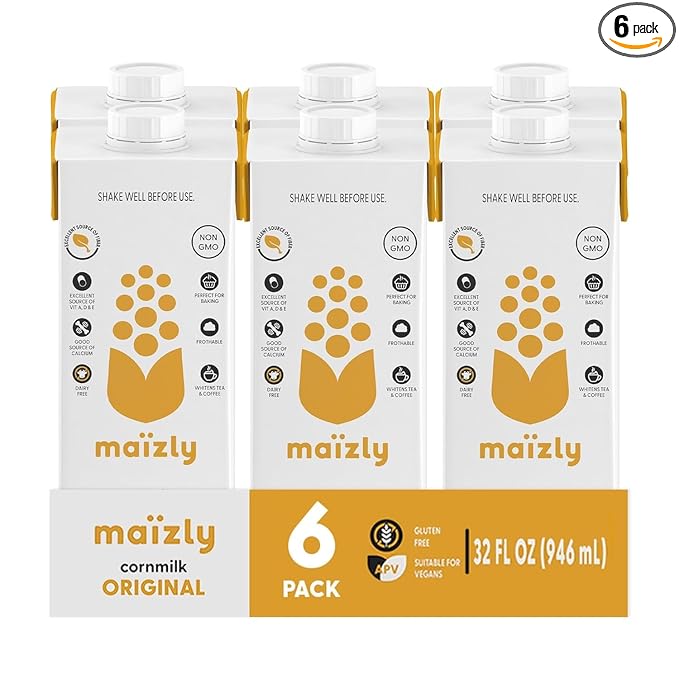Maizly Original Corn Milk, Plant-Based Drink Made with Non-GMO Ingredients, Less Sugar, Gluten & Dairy-Free Alternative to Whole Milk, Non-Dairy Kosher Drink For Kids & Adults, 32 oz, Shelf Stable Pack of 6 Boxes